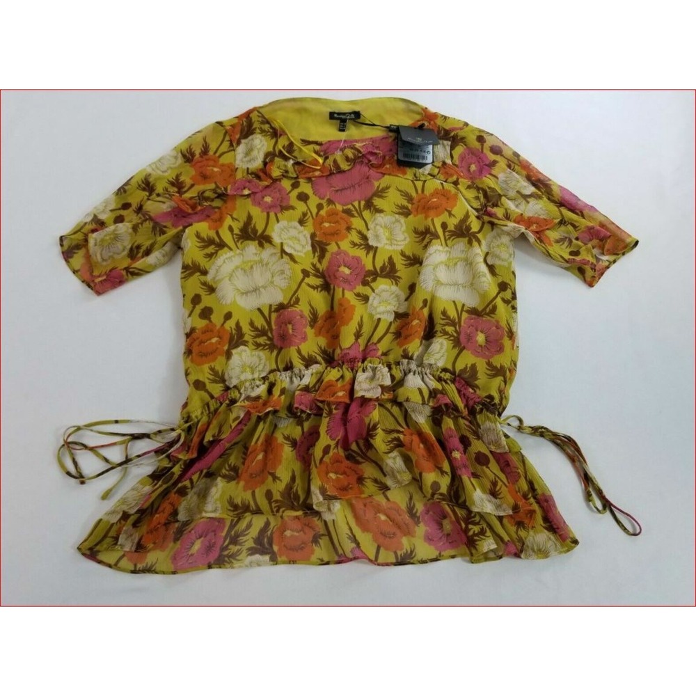 Massimo Dutti Mustard Red Floral Silk Blouse Top 5122/818/925 Sz 4 S